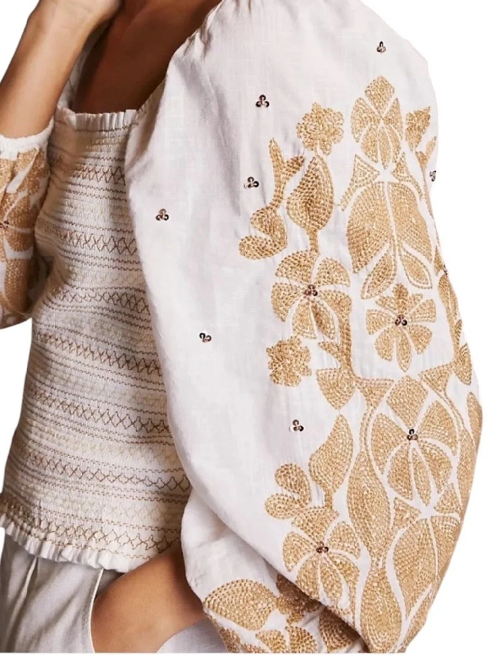 Anthropologie Cotton Embroidered Smocked Peasant Top Blouse Cream Brown Size XS